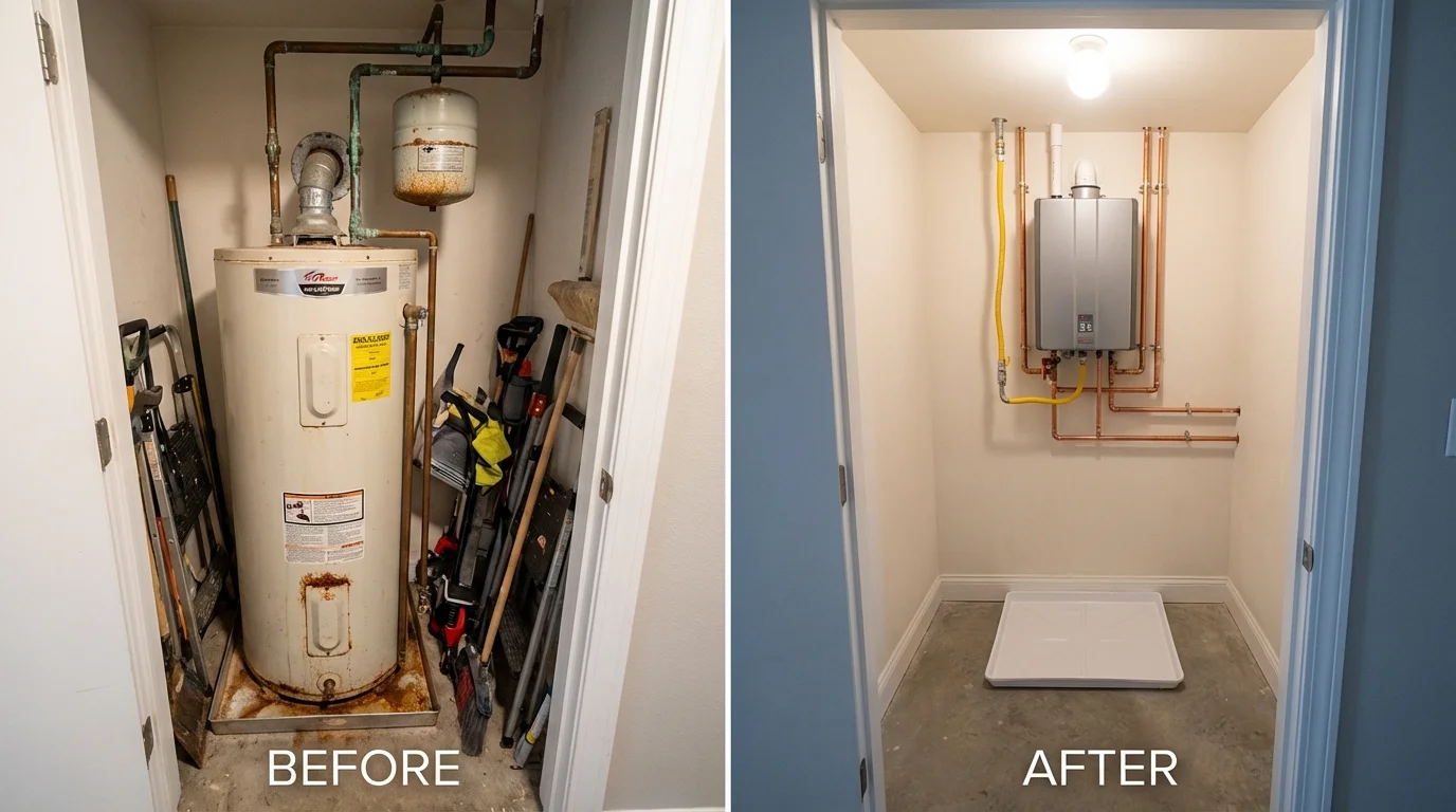 Tank water heater versus wall-mounted tankless unit comparison for Marion, KS homeowners