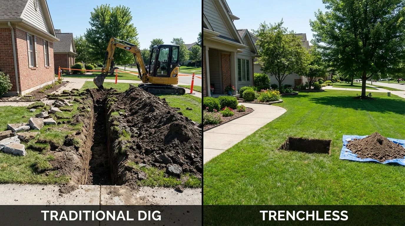 Trenchless sewer repair with minimal yard damage versus traditional excavation in Marion, KS
