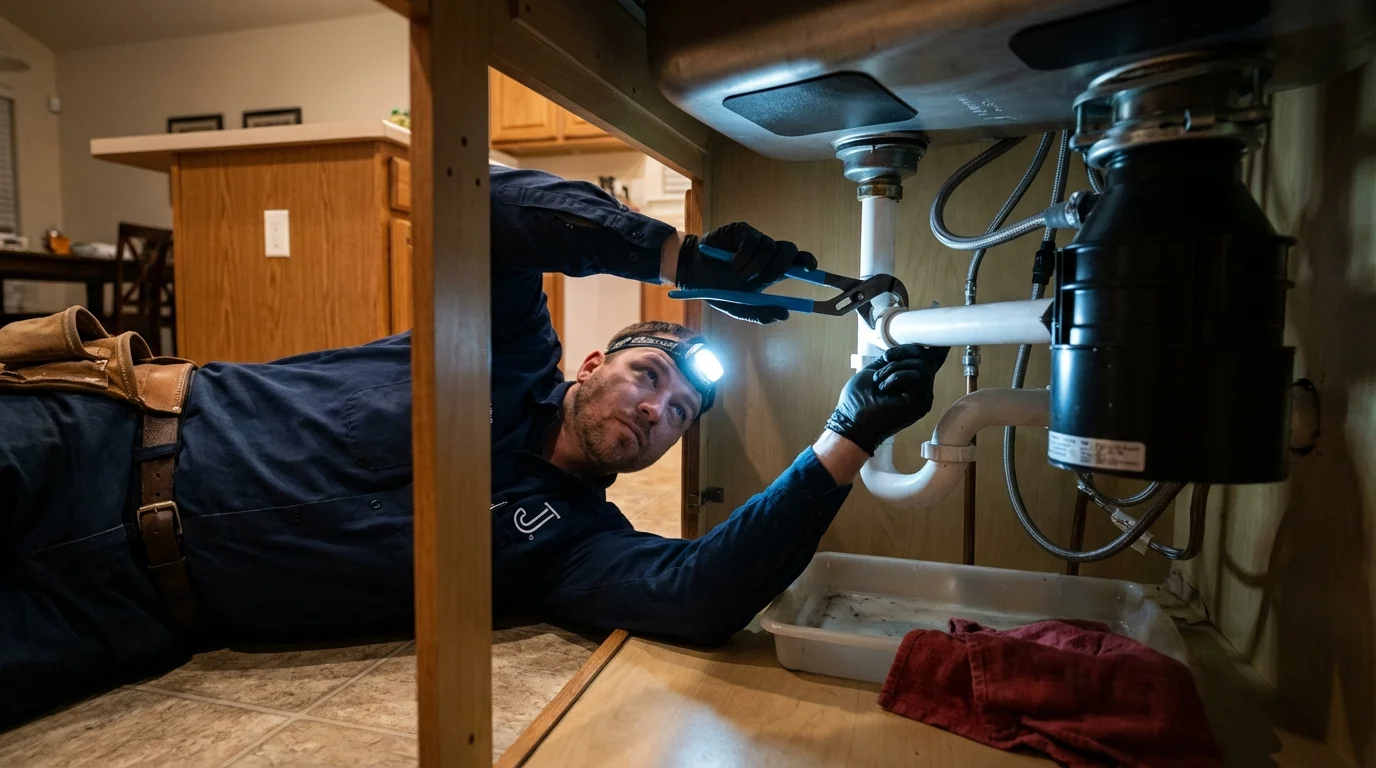 P-trap and supply line connections under a kitchen sink showing a common leak point in Marion, KS